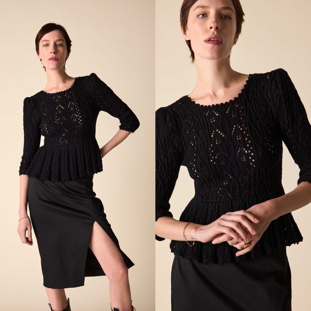NWT St.Roche Filigree Floral Knit Crochet Sweater Peplum Pullover Top Black S - Picture 3 of 13